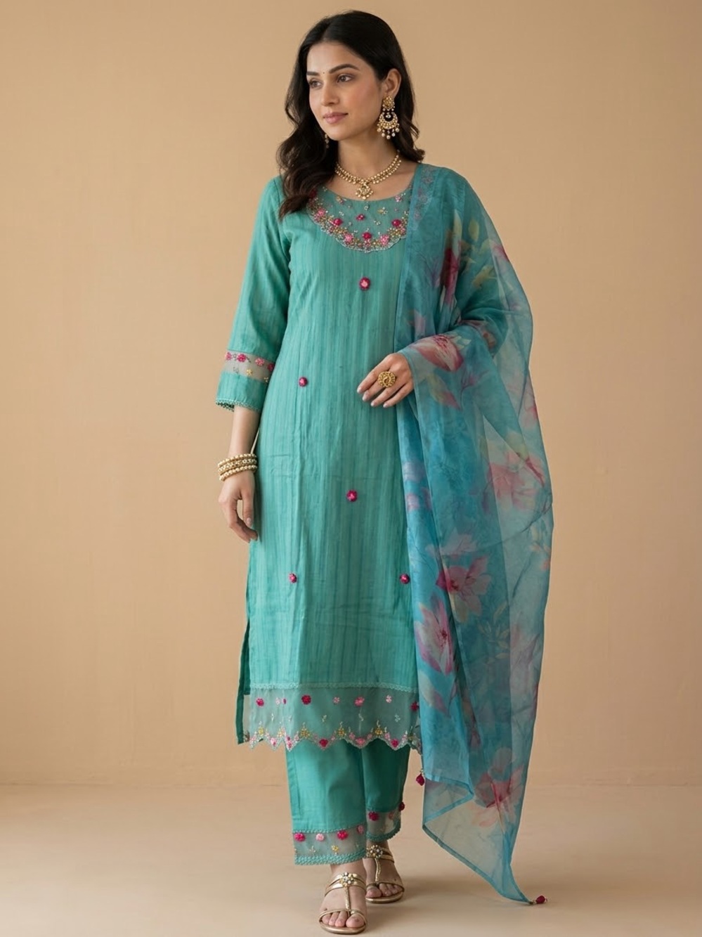Seafoam Green Embroidered Floral Salwar Size Large